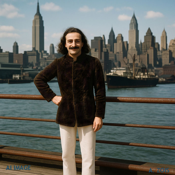 This AI image shows Meher Baba in New York's harbour, just prior to his visit. Image produced by Anthony Zois.