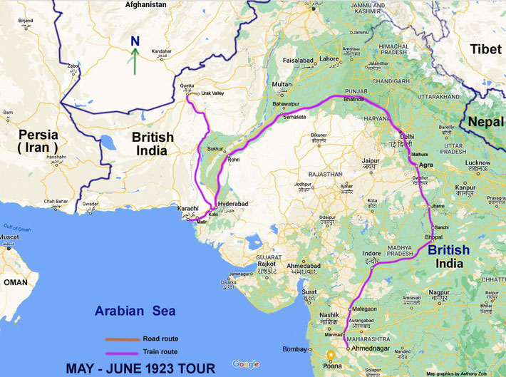 May - June 1923 map route - Ahmednagar to Quetta, Br. India. Map graphics by Anthony Zois.