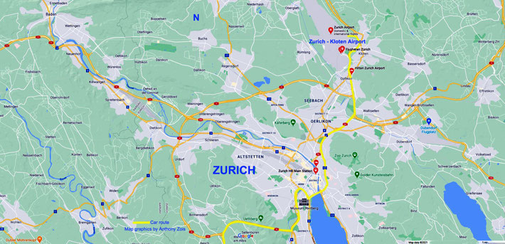 Map 1 : Map showing the City of Zurich & the Kloten-Zurich Airport to the North of the city and the route taken to the South of Switzerland in Yellow.  Map graphics by Anthony Zois.