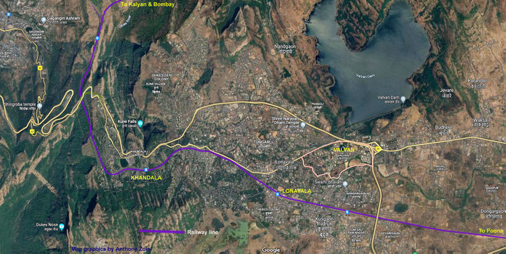 Map shows the Lonavala greater area & rail line which Meher Baba used. Map graphics by Anthony Zois.