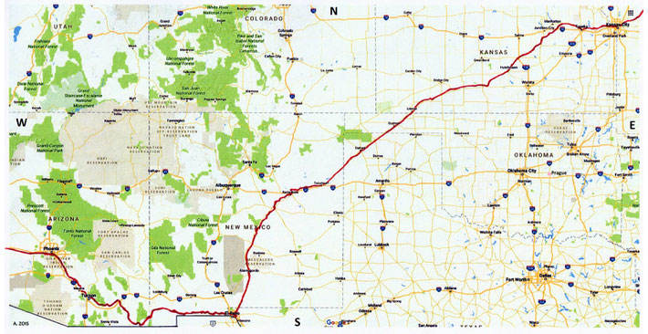 Kansas City to Phoenix Train Route Map - Across 5 States