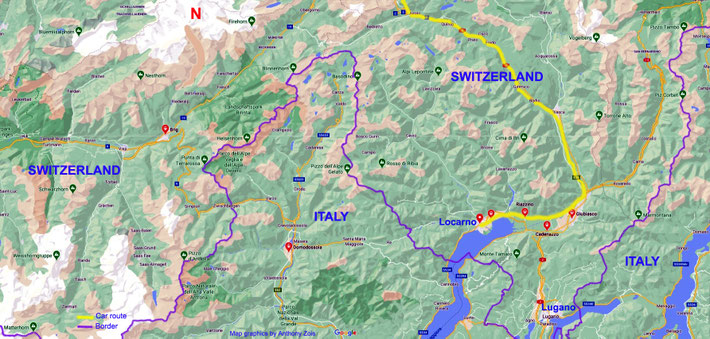 Map 5 : South-East Switzerland showing the route to Locarno.   Map graphics by Anthony Zois.