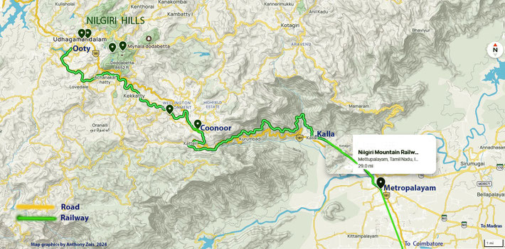 Map showing both Rail & Road routes from Coimbatore to Ooty. Map graphics by Anthony Zois.