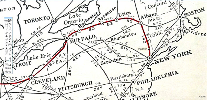 Rail map showing details of Meher Baba's route between New York & Cleveland.