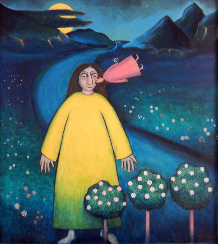 A dream image of his pilgrim self in the yellow garb, with Meher Baba floating into his eye.