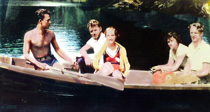 31st May 1932. Some of the guests relaxing on a boat on the Croton River near the house. Image coloured by Anthony Zois.