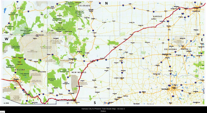 1932 : Kansas, Oklahoma, Texas, New Mexico & Arizona State Rail Routes ( close up )