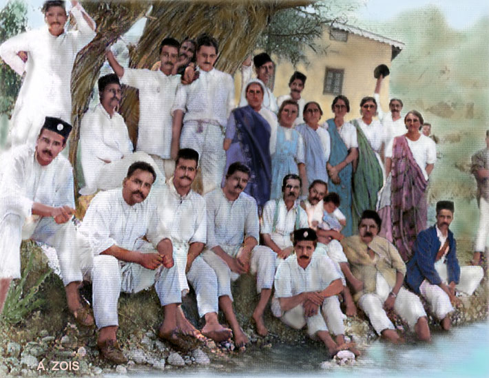 1923 : Khorshed ( Rusi's wife ) is wearing a rose sari standing far right. Image rendition by Anthony Zois.