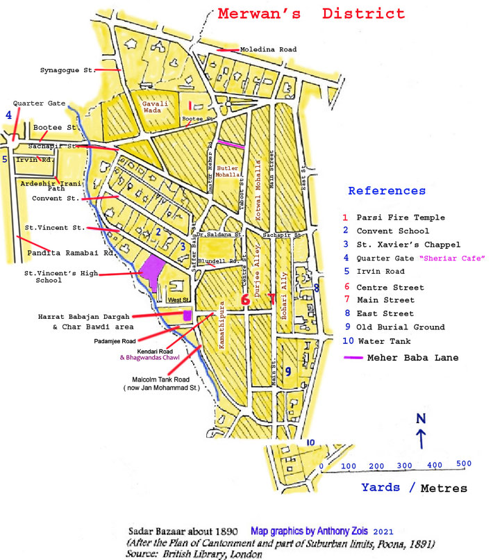 Map 2 : Merwan Irani's localised Poona district in the mid-1890s. Map graphics by Anthony Zois.