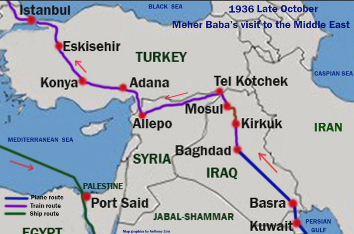 This map shows the 2nd leg of Meher Baba's 9th visit to the West in Oct. 1936. Map graphics by A. Zois.