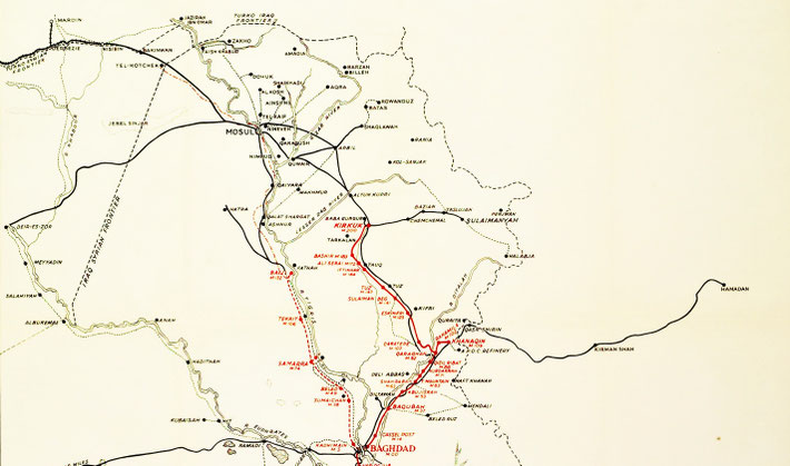 Map shows the train and road routes between Baghdad and the Syrian border.