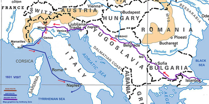 1931 : Simplon Express rail route from Istanbul, Turkey to Milan, Italy. Then by road to Genoa, boarded ship for Nice & Naples. Map graphics by Anthony Zois.