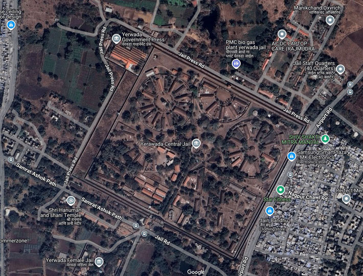 Aerial view of the size of the jail in Pune, India.