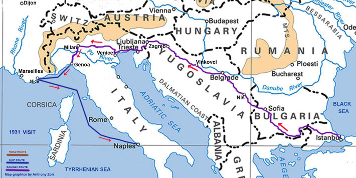 1931 : Simplon Express rail route from Istanbul, Turkey to Milan, Italy. Then by road to Genoa, boarded ship for Nice & Naples. Map graphics by Anthony Zois. 