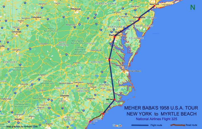  1958 : Map shows the routes Meher Baba took from New York to Myrtle Beach. Map graphics by Anthony Zois.