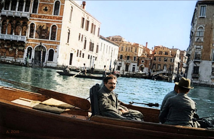 1932 : Meher Baba in Venice, Italy with Kaka Baria and Adi K. Irani. Image rendition by Anthony Zois.