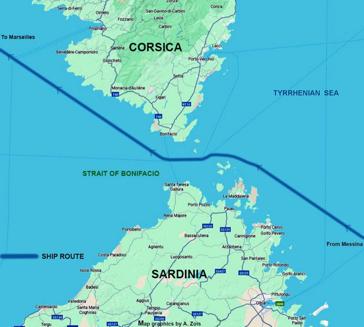 1931 : Map shows the ship route through the Strait of Bonifacio before reaching Marseilles, France. Map graphics by Anthony Zois.