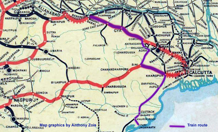 1911 Map shows the rail route between Benares and Jagannath Puri. Map graphics by Anthony Zois.
