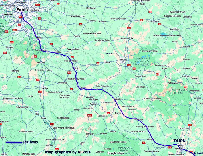 MAP 10 : Map shows a close-up of the rail rout from Paris to Dijon. Map graphics by Anthony Zois.