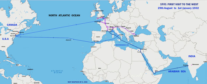 The map shows all the various routes taken by Meher Baba on his 1st visit to the West. Map graphics by Anthony Zois.