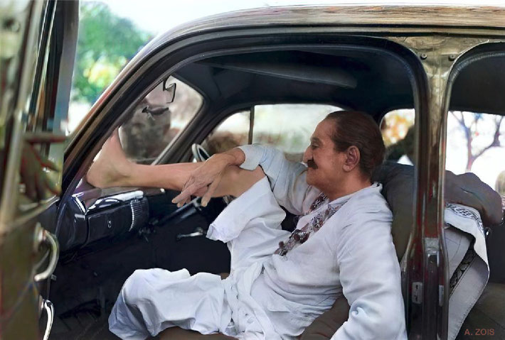 1954 late Feb. Meher Baba resting in his car in Andra Pradesh, India. Image renditio by Anthony Zois.
