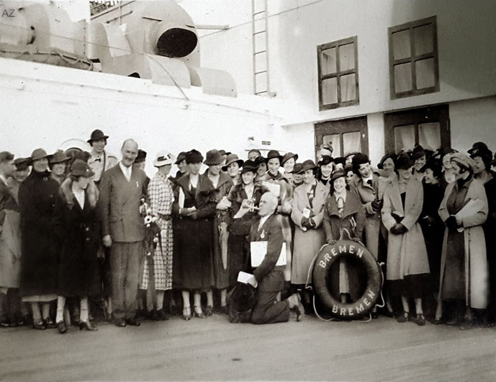 13th May, 1932 - Southampton,England. A crowded gathered to see Meher Baba off on his voyage to New York. Charles is in the front - left. Photo courtesy of Anne Ross. Image edited by Anthony Zois