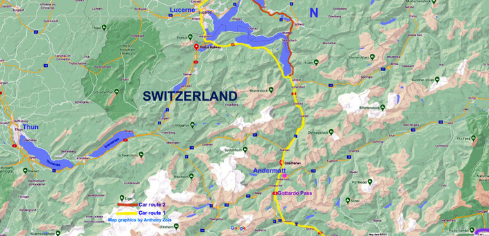 Map 4 : Closer view of Central Switzerland , route South of Lucerne. Lunch taken in Andermatt, then further South again.  Map graphics by Anthony Zois.