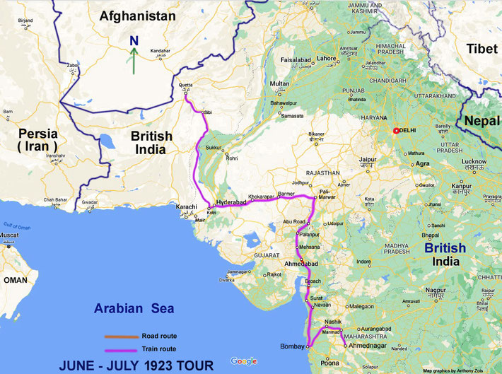  June - July 1923 : Quetta to Meherabad route taken. Map graphics by Anthony Zois.