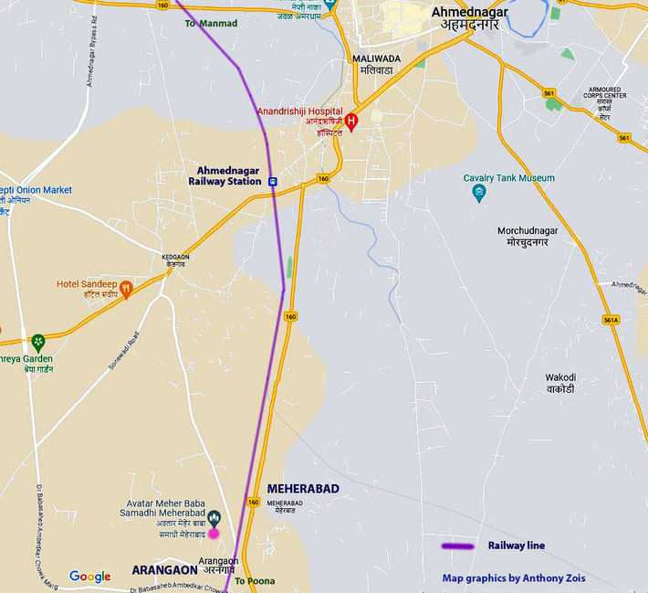 Present-day map shows Ahmednagar with Meherabad & Arangaon nearby. Map graphics by Anthony Zois.