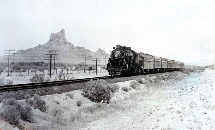  1930s ; The "Sunset" passing Picacho Peak landmark west of Tucson, AZ., on the "Golden State Limited" line. Image from "Classic Trains Collection" magazine. Courtesy of Larry Karrasch.