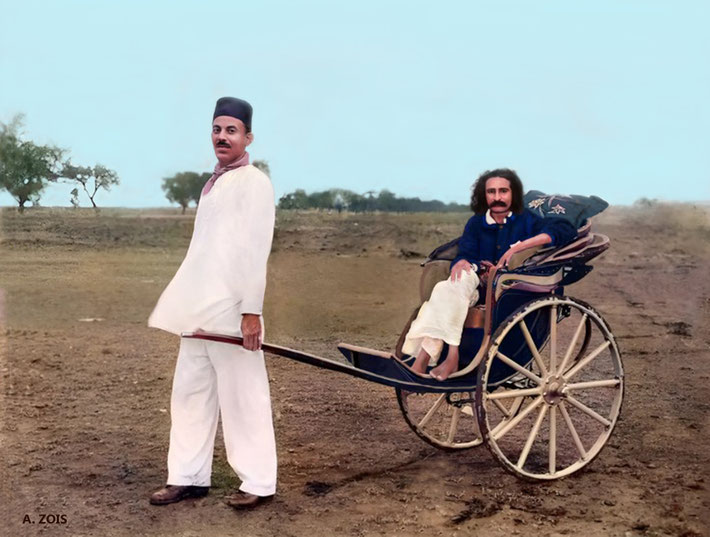 19th September, 1927 : Meherabad. Bailey Irany holding Meher Baba's tonga. Image rendition by Anthony Zois.