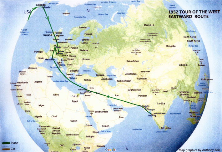  MAP 8 : 1952  Map shows Meher Baba's Eastbound route back to India from the West - 2nd part
