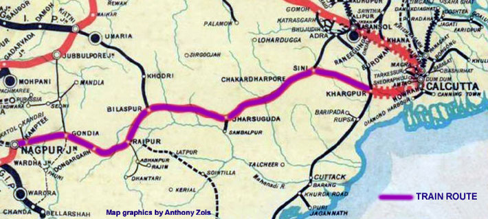 1911 Map shows the rail route between Khargpur & Nagpur. Map graphics by Anthony Zois.