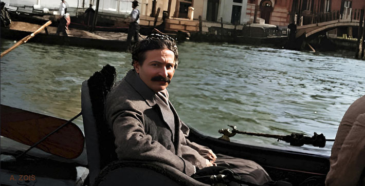 1932 : Meher Baba in Venice, Italy with Enid Corfe. Image rendition by Anthony Zois.