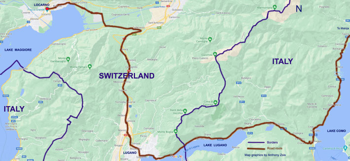 Map 2 : Detailed road route to Maloja, Switzerland via Lugano & Lake Como. Map graphics by Anthony Zois.