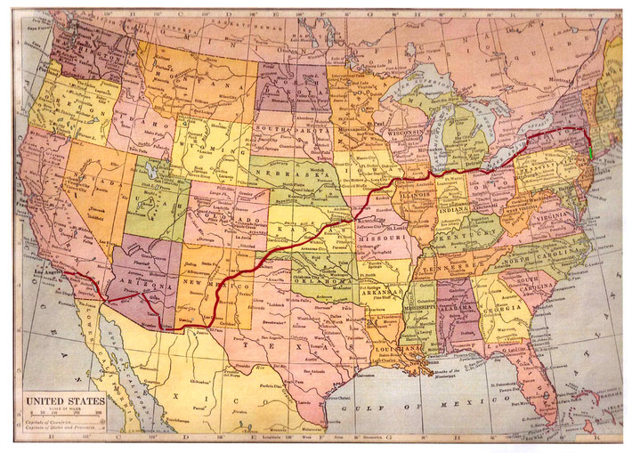  1932 : Meher Baba's journey across the United States, map showing the 13 mainland States he travelled through. After visiting California, he sailed to Hawaii. A total of 14 US States. The route was applied to this map by Anthony Zois.