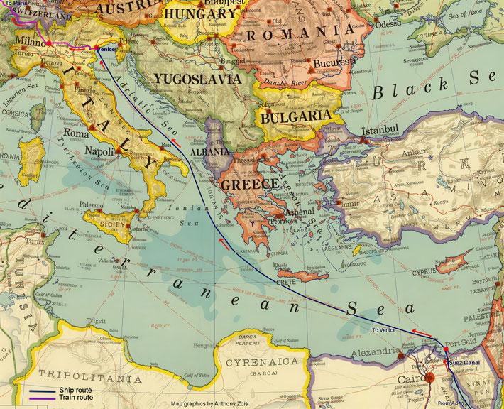 1932 : Map shows the continuing ship route fro Port Said to Venice, Itale. Map graphics by Anthony Zois.