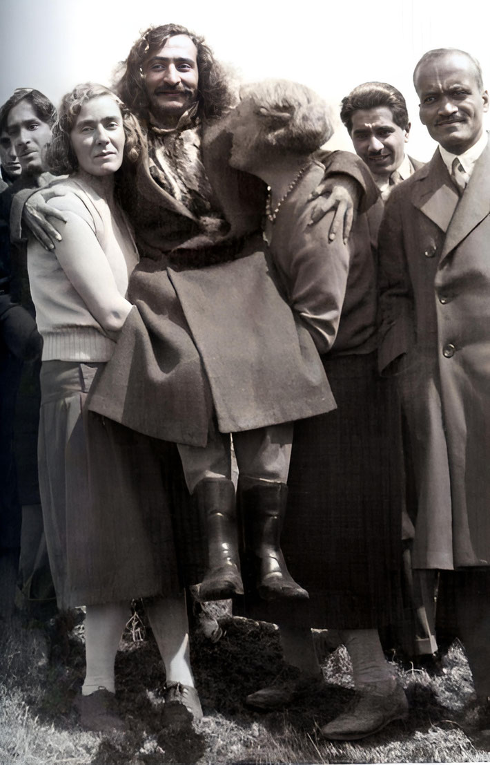  1932 : Meher Baba in East Challacombe, Devon, England with some locals. Image enhanced by Anthony Zois.