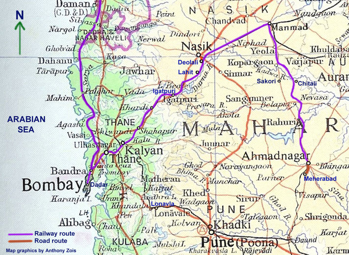 Early June 1924. First part of Meher Baba's trip to Quetta, etc. Map graphics by Anthony Zois.