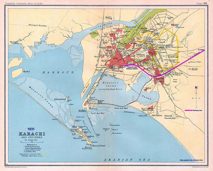  1931 Map of Karachi. The railway marked. Map graphics by Anthony Zois.