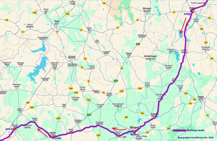 Map show the train journey continuing from Jhansi to Bhopal, Ujjain & Ratlam. Map graphics by Anthony Zois.