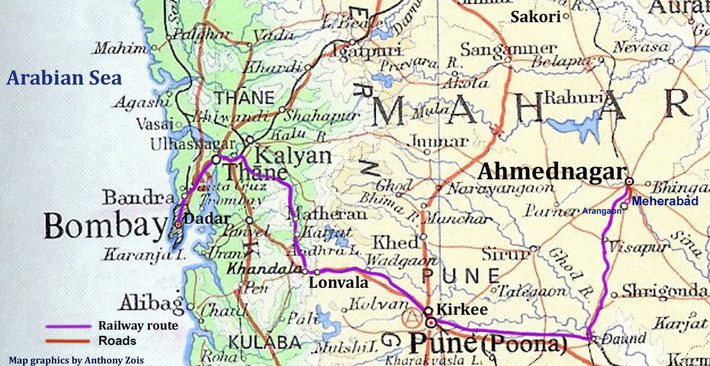 Map showing the routes between Bombay & Ahmednagar. Map graphics by Anthony Zois.