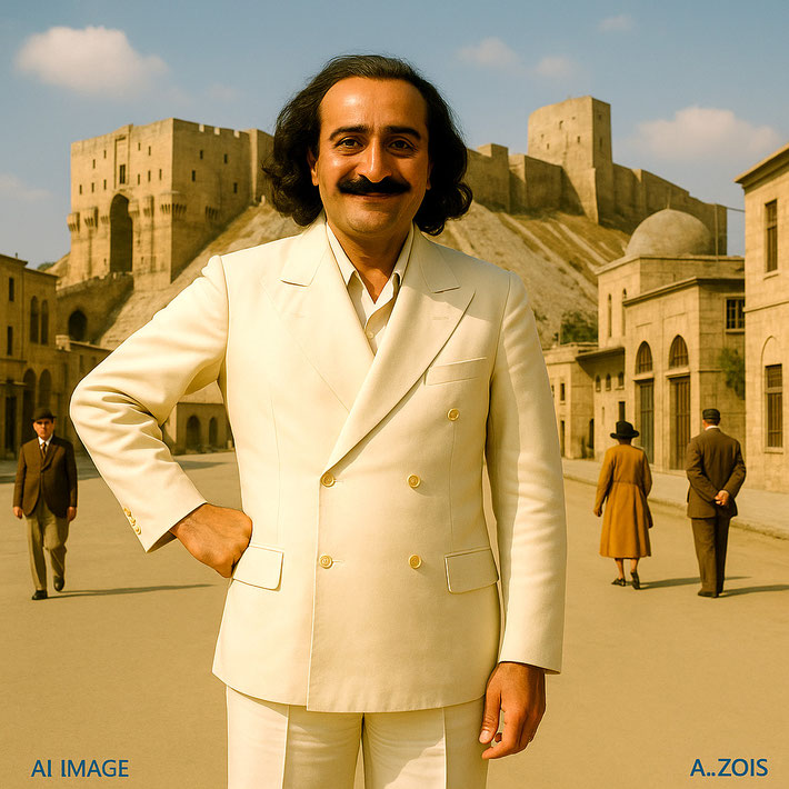 This AI created image shows Meher Baba in Aleppo in October 1936 after flying in from Karachi to Baghadad, then by train to Aleppo. Image produced by Anthony Zois.