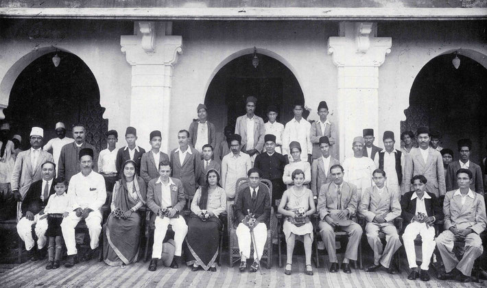 1930s. Close ones & friends of Meher Baba gathered in Ahmednager. Freiny is seated in the front row - left. Image courtesy of Lord Meher LM V6-7 p2161.
