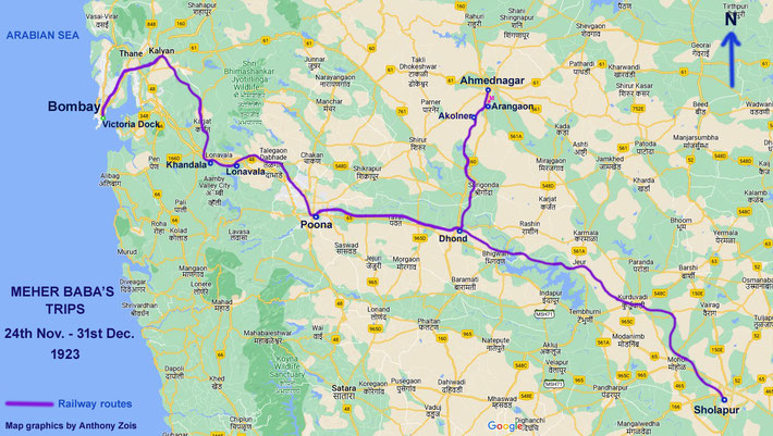 24th Nov. 1923 : Trip from Bombay to Sholapur, then to Arangaon. Map graphics by Anthony Zois.