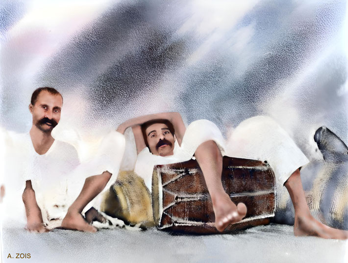 1922 : Meher Baba ( right ) resting with Gustadji Hansotia. Image rendering by Anthony Zois.