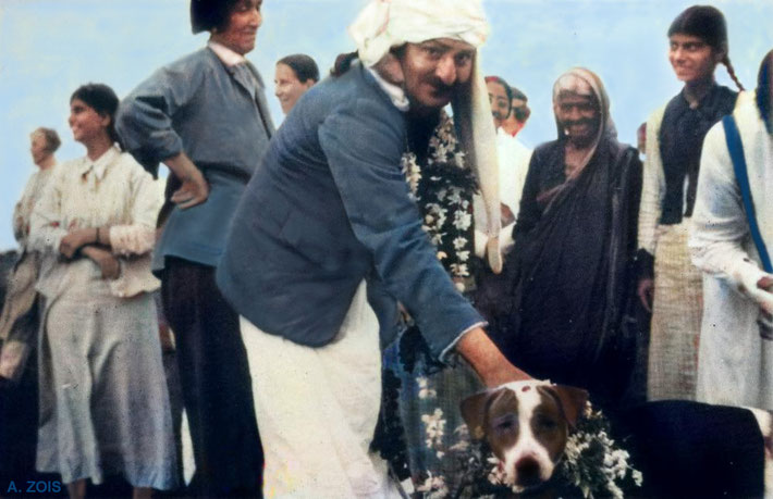  1938 - Meherabad, India : Manu standing on the far right of Meher Baba and his dog - Chum and Helen Dahm standing behind Baba. Image rendition by Anthony Zois.
