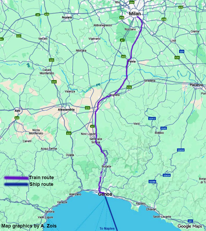 Map shows the train route from Milan to Genoa. Map graphics by Anthony Zois.