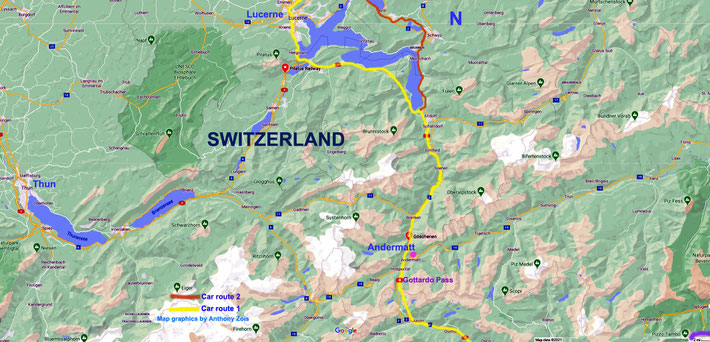 Map 4 : Closer view of Central Switzerland , route South of Lucerne. Lunch taken in Andermatt, then further South again. Map graphics by Anthony Zois.