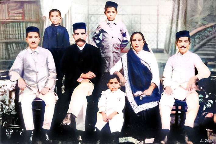 1918 : Poona, India -  ( L-R) Merwan ( Meher Baba ), Beheram (standing), Uncle Khodadad (Baba's paternal uncle), Jal ( standing ), Adi Jrn, Shireen and Jamshed. Image rendition by Anthony Zois.